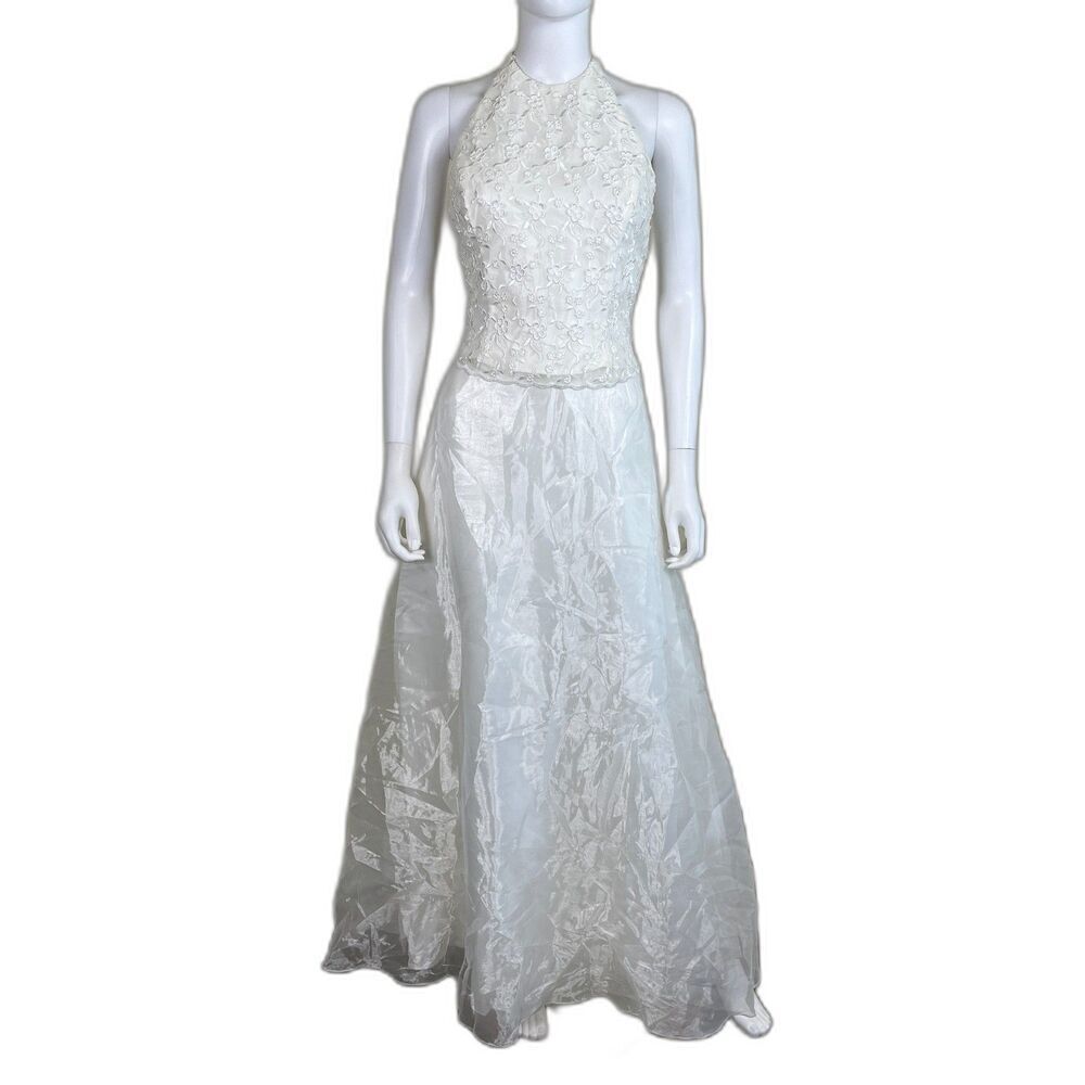 Vintage Jessica Mcclintock Bridal Women's Size 6 Ivory Floral Halter Maxi Dress